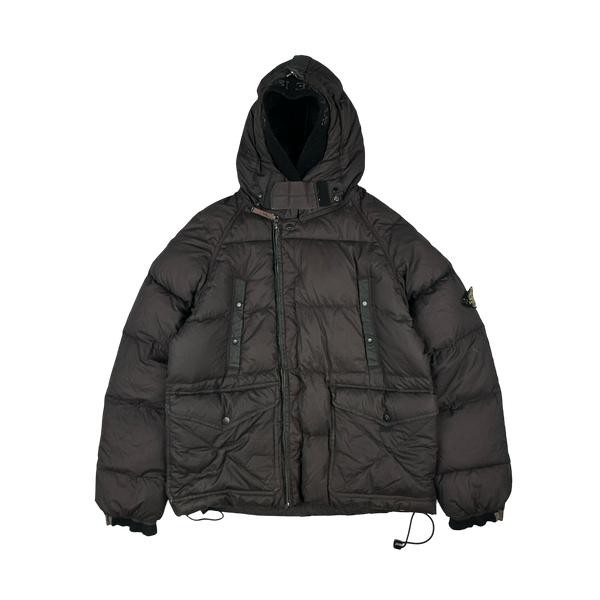 Stone Island 2005 Charcoal Vintage Mesh Badge Zip Opaque Nylon Tela Down Hood Jacket - Large
