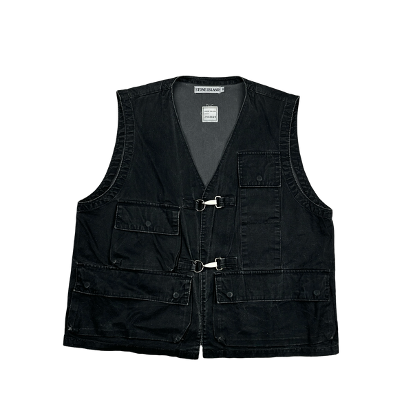 Stone Island 80s Vintage Blue Reflective Spellout Denim Vest - Medium