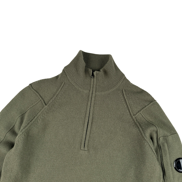 CP Company Khaki Green Thick Wool Quarter Zip Lens View Jumper - Small