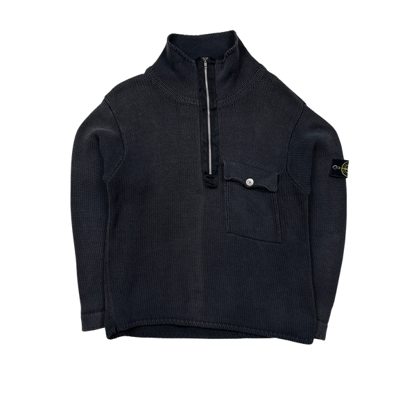 Stone Island Grey Vintage Thick Knitted Quarter Zipped Pullover - Large