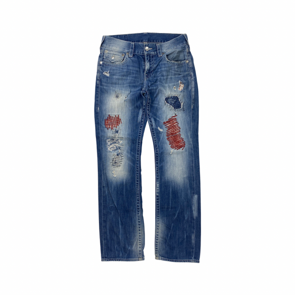True Religion Patchwork Ripped Denim Straight Fit Jeans