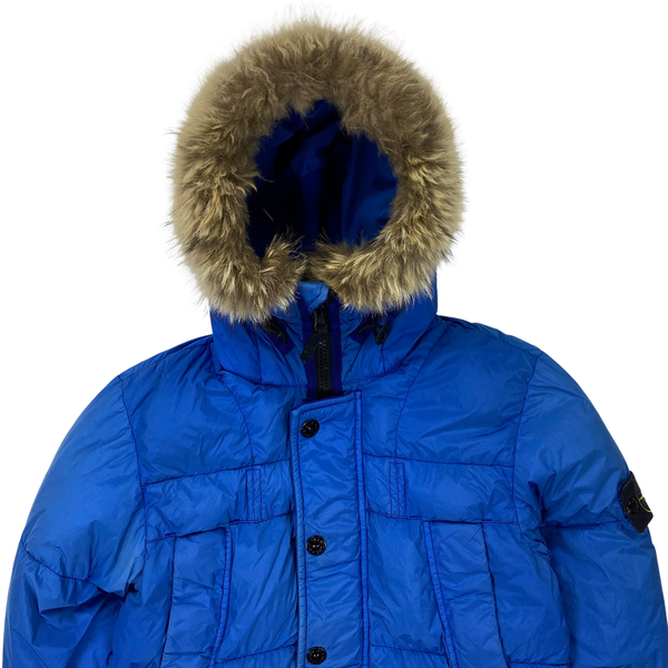 Stone Island Fur Trim Blue Crinkle Reps Puffer Jacket
