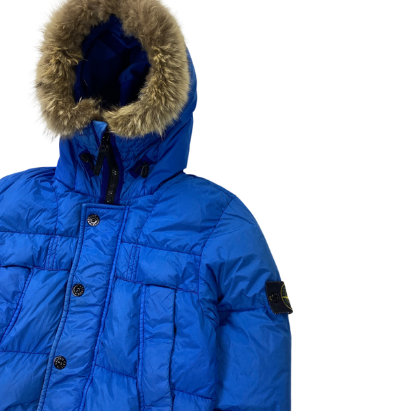 Stone Island Fur Trim Blue Crinkle Reps Puffer Jacket