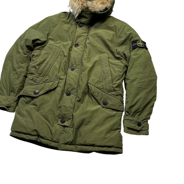 Stone Island Khaki Micro Reps Down Fur Trim Parka Jacket - Large