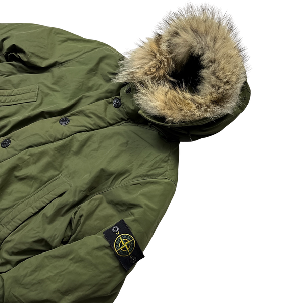 Stone Island Khaki Micro Reps Down Fur Trim Parka Jacket - Large