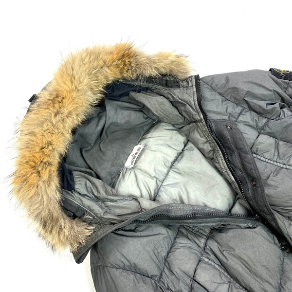 Stone Island Dark Grey Garment Dyed Fur Trim Puffer Jacket