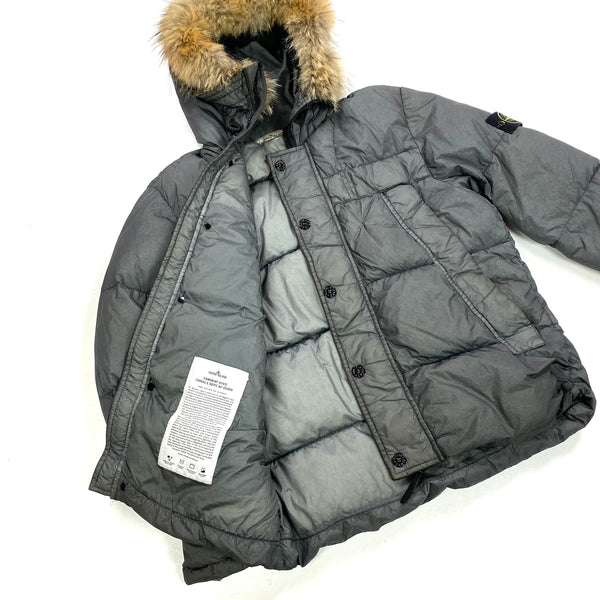 Stone Island Dark Grey Garment Dyed Fur Trim Puffer Jacket