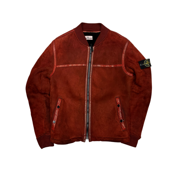 Stone Island Red Garment Dyed Sheepskin Shearling Suede Jacket