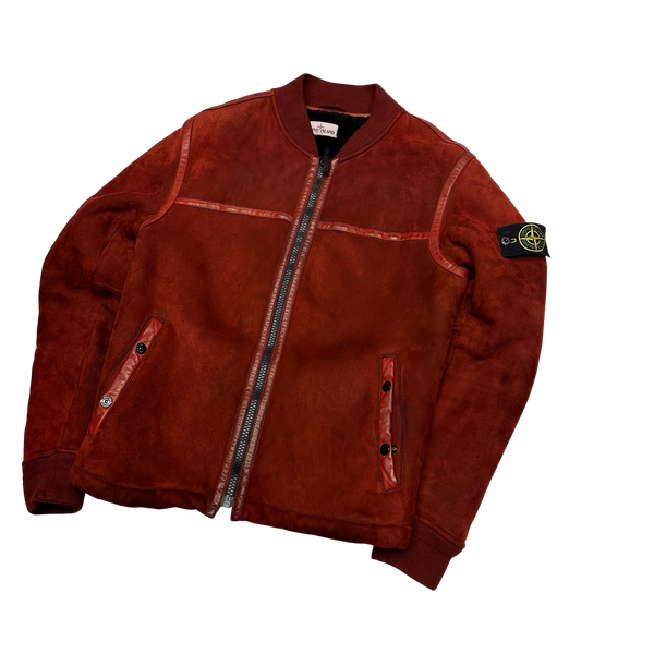 Stone Island Red Garment Dyed Sheepskin Shearling Suede Jacket