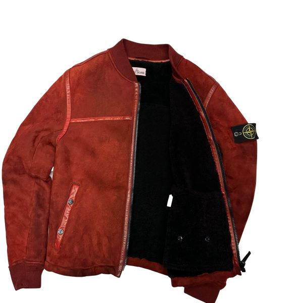Stone Island Red Garment Dyed Sheepskin Shearling Suede Jacket