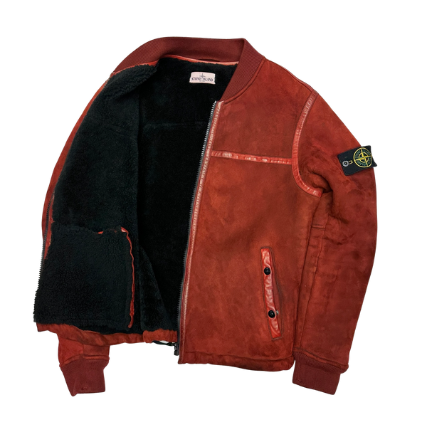 Stone Island Red Garment Dyed Sheepskin Shearling Suede Jacket