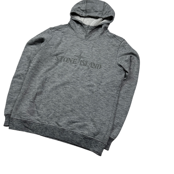 Stone Island Grey Marl Spellout Pullover Hoodie - Medium