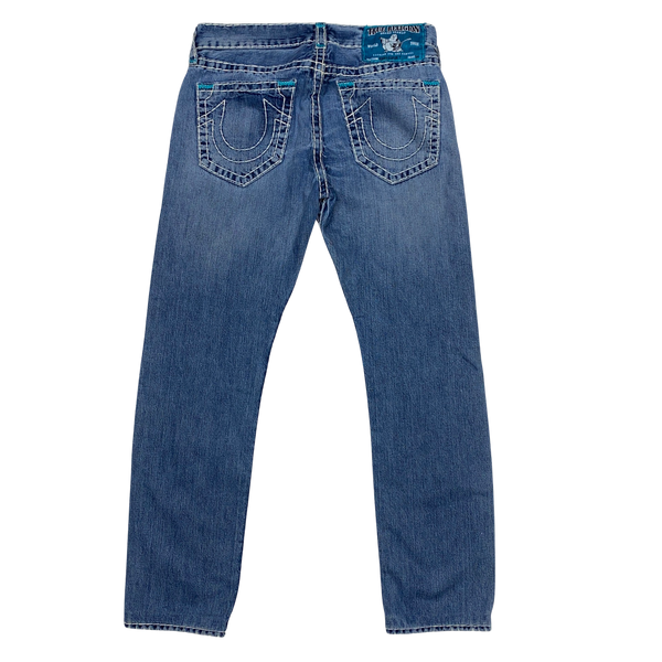 True Religion Light Blue Contrast Stitch Relaxed Slim Fit Jeans