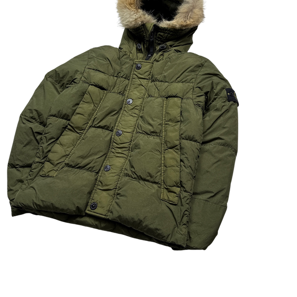 Stone Island Khaki Garment Dyed Fur Trim Puffer Jacket - Small