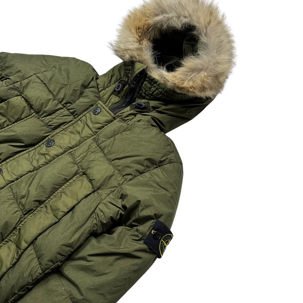 Stone Island Khaki Garment Dyed Fur Trim Puffer Jacket - Small