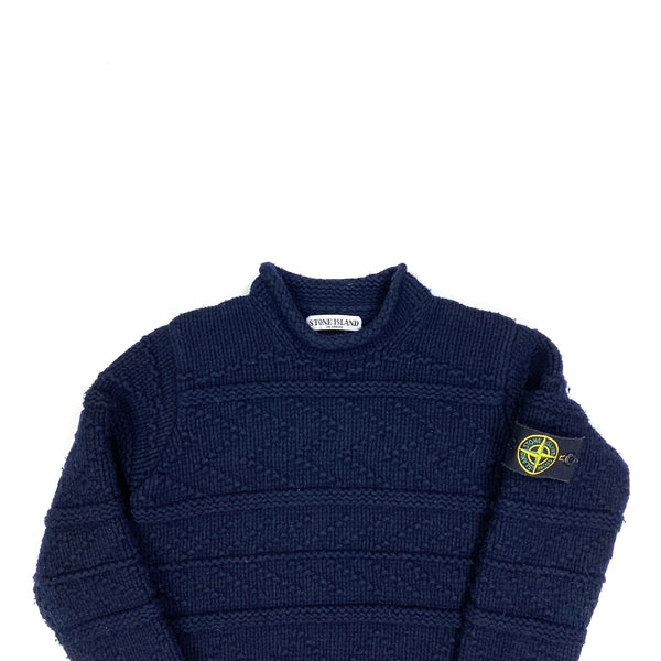Stone Island Navy Patterned Knit Roll Mock Neck Jumper