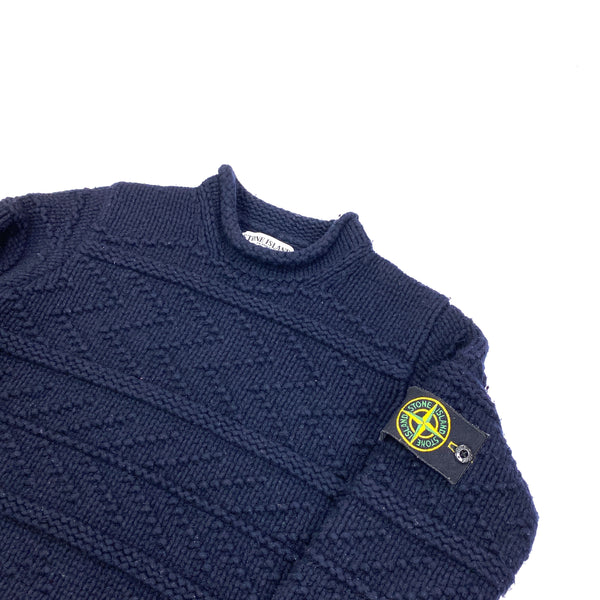 Stone Island Navy Patterned Knit Roll Mock Neck Jumper