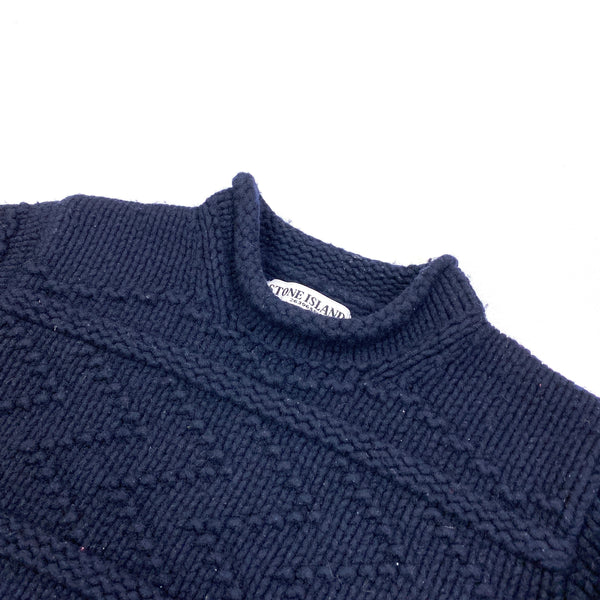 Stone Island Navy Patterned Knit Roll Mock Neck Jumper