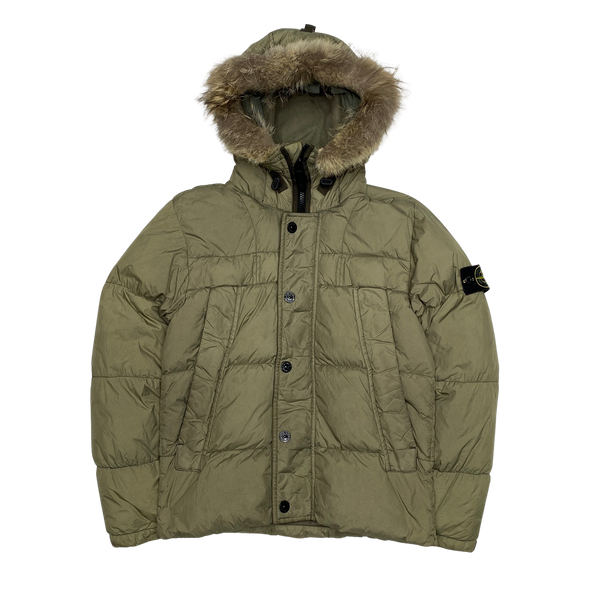 Stone Island Khaki Garment Dyed Fur Trim Puffer Jacket